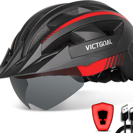 Bike Helmet with USB Rechargeable Rear Light Detachable Magnetic Goggles Removable Sun Visor Mountain & Road Bicycle Helmets for Men Women Adult Cycling Helmets