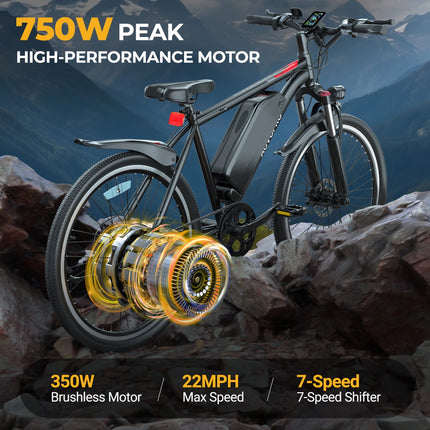 BK1350 Adult Electric Bicycles, 350W 26" Electric Mountain Bicycle, 48V Battery, 22Mph Electric Mountain Bike, Adjustable 7 Speed E-Bikes for Adults UL2849