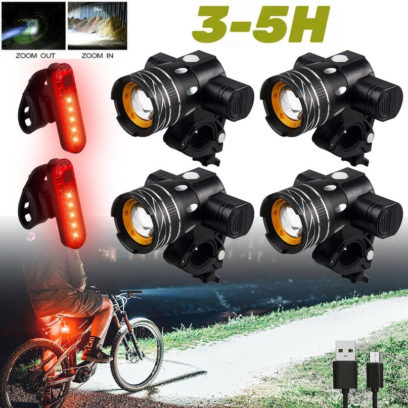 4Set LED USB Mountain Bike Lights Bicycle Torch Front+4X Rear Lamp Rechargeable