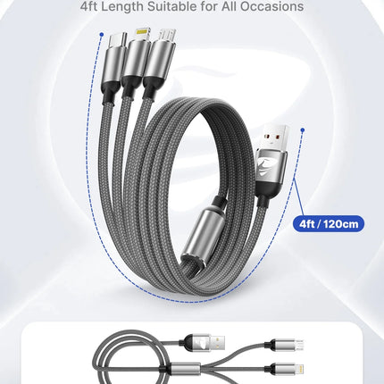2 Pack Multi Charging Cable, 3 in 1 Phone Charger Cord Fast Charging with Micro USB, USB C Cables Compatible with Iphone/Ipad/Samsung, Gray
