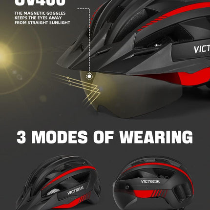 Bike Helmet with USB Rechargeable Rear Light Detachable Magnetic Goggles Removable Sun Visor Mountain & Road Bicycle Helmets for Men Women Adult Cycling Helmets