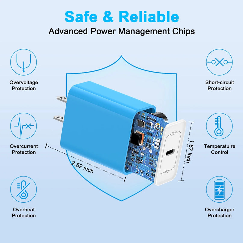 USB C Charger Block, 1Pack PD 20W USB C Wall Charger Adapter Type C Fast Charging Block W/ 1Pack Android Phone Charger Cord Type C Charging Cable 6Ft Compatible for Iphone 16 15 Android,Blue