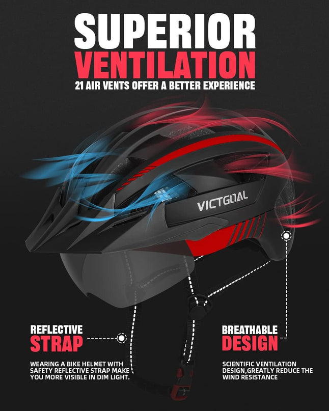 Bike Helmet with USB Rechargeable Rear Light Detachable Magnetic Goggles Removable Sun Visor Mountain & Road Bicycle Helmets for Men Women Adult Cycling Helmets