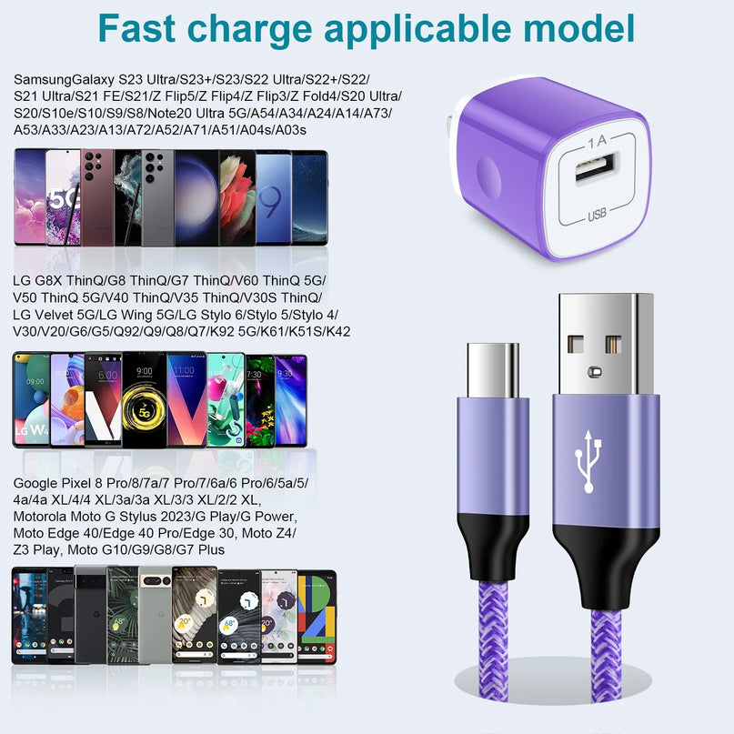 Type C Charger USB C Cable Fast Charging Cable 6FT with USB Wall Charger Block, USB a to USB C Type C Cable USB C Charger Block for Android Charging Cords USB-C Phone Cables, Purple