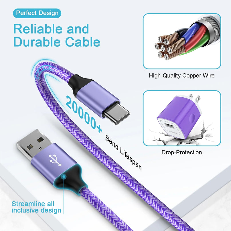 Type C Charger USB C Cable Fast Charging Cable 6FT with USB Wall Charger Block, USB a to USB C Type C Cable USB C Charger Block for Android Charging Cords USB-C Phone Cables, Purple