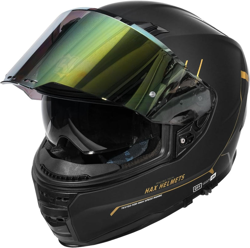 Force Aerodynamic Full Face Helmet for Street & E-Bikes DOT & ECE Certified - Enhanced Dual Visor, Adult Size, Pinlock Ready Matte Black Gold L