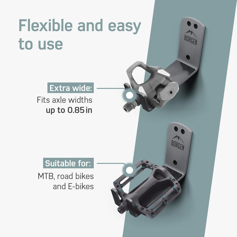 Bike Wall Mount Pedal Hook for E-Bikes, MTB & Road - Bicycle Wall Mount with Sup
