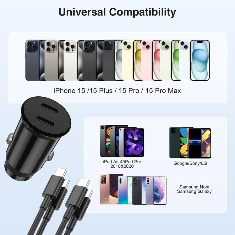 Car Charger for Iphone 15,40W Dual Port USB C Car Charger with USB C to USB C Cable 6Ft,Type C Car Adapter Fast Charging