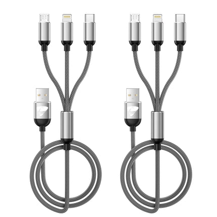 2 Pack Multi Charging Cable, 3 in 1 Phone Charger Cord Fast Charging with Micro USB, USB C Cables Compatible with Iphone/Ipad/Samsung, Gray