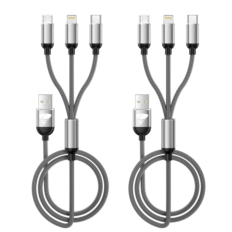 2 Pack Multi Charging Cable, 3 in 1 Phone Charger Cord Fast Charging with Micro USB, USB C Cables Compatible with Iphone/Ipad/Samsung, Gray