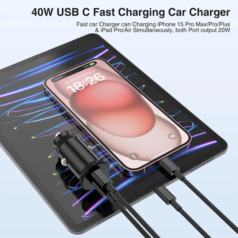 Car Charger for Iphone 15,40W Dual Port USB C Car Charger with USB C to USB C Cable 6Ft,Type C Car Adapter Fast Charging