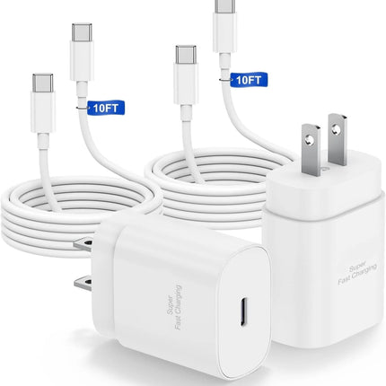 Type C Charger Fast Charging Compatible for Samsung 25W Charger, 2-Pack USB C Fast Wall Charger Block with 10FT Type C to C Cable Compatible for Samsung Galaxy S25/S24/S23/S22/S21/S20/Note 20