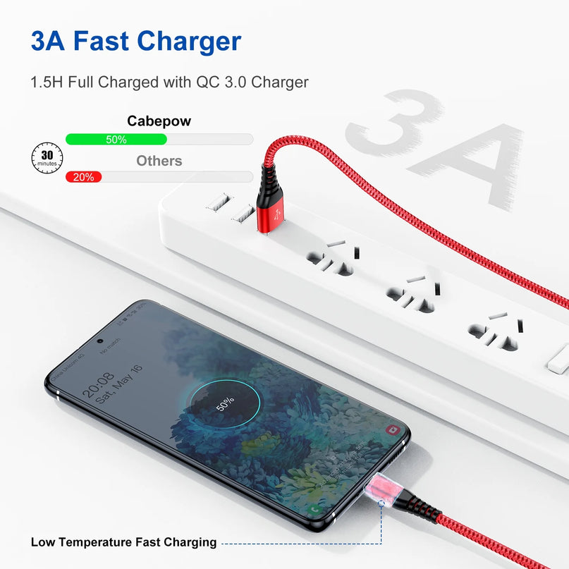 USB Type-C Cable 3Pack 10Ft Fast Charging 3A Quick Charger Cord, Type C to a Cable Compatible Samsung Galaxy S10 S9 S8 Plus, for Note 10 9 8, LG V50 V40 G8 G7