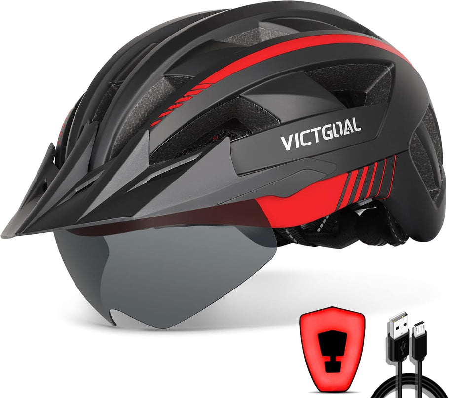 Bike Helmet with USB Rechargeable Rear Light Detachable Magnetic Goggles Removable Sun Visor Mountain & Road Bicycle Helmets for Men Women Adult Cycling Helmets