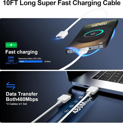 Type C Charger Fast Charging Compatible for Samsung 25W Charger, 2-Pack USB C Fast Wall Charger Block with 10FT Type C to C Cable Compatible for Samsung Galaxy S25/S24/S23/S22/S21/S20/Note 20