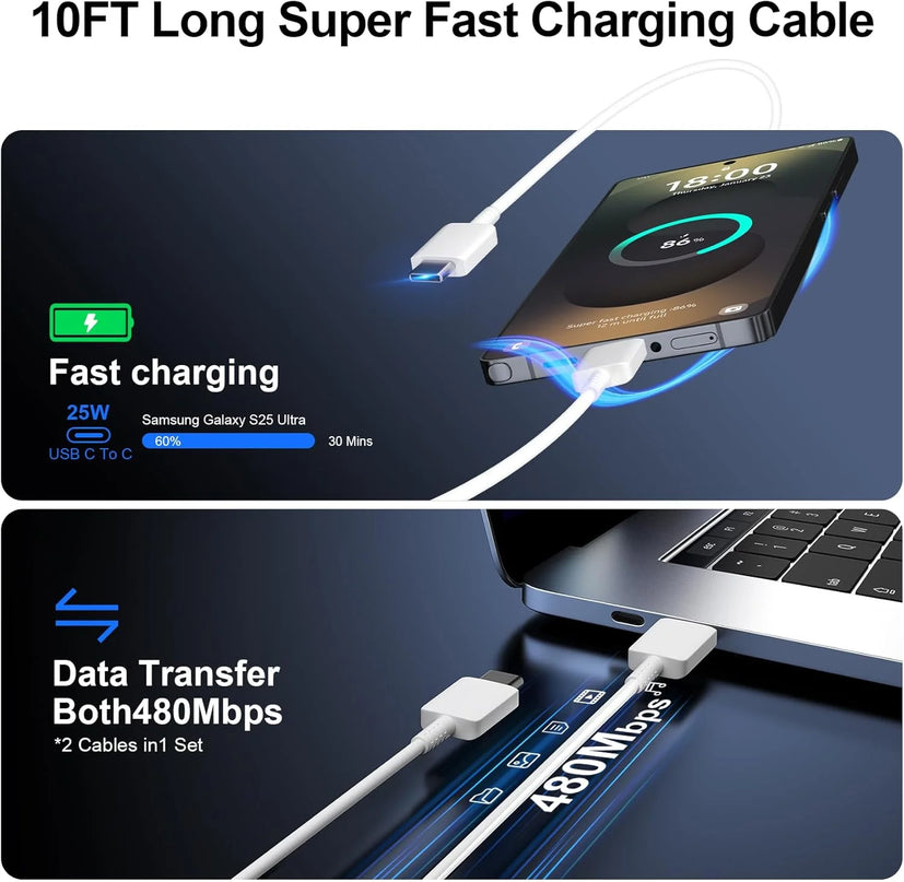 Type C Charger Fast Charging Compatible for Samsung 25W Charger, 2-Pack USB C Fast Wall Charger Block with 10FT Type C to C Cable Compatible for Samsung Galaxy S25/S24/S23/S22/S21/S20/Note 20