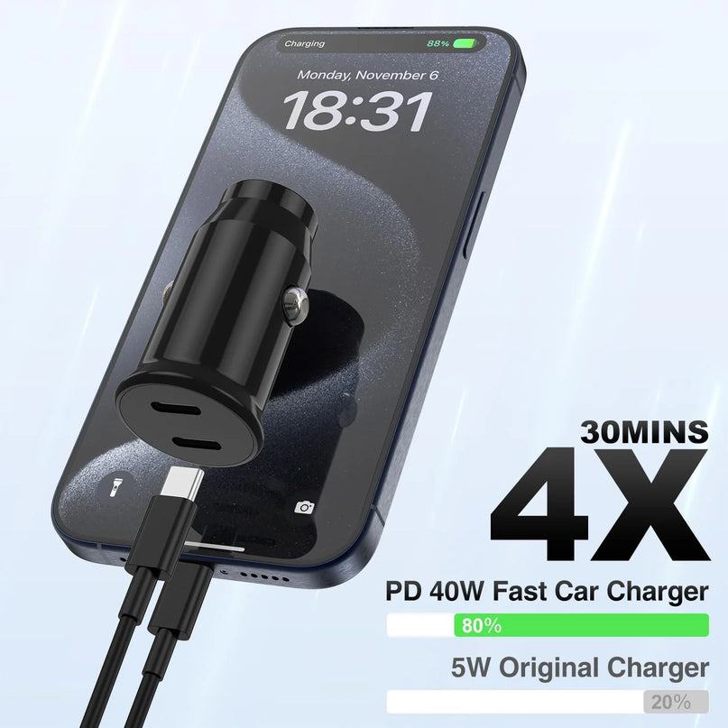 Car Charger for Iphone 15,40W Dual Port USB C Car Charger with USB C to USB C Cable 6Ft,Type C Car Adapter Fast Charging