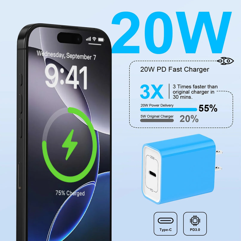 USB C Charger Block, 1Pack PD 20W USB C Wall Charger Adapter Type C Fast Charging Block W/ 1Pack Android Phone Charger Cord Type C Charging Cable 6Ft Compatible for Iphone 16 15 Android,Blue