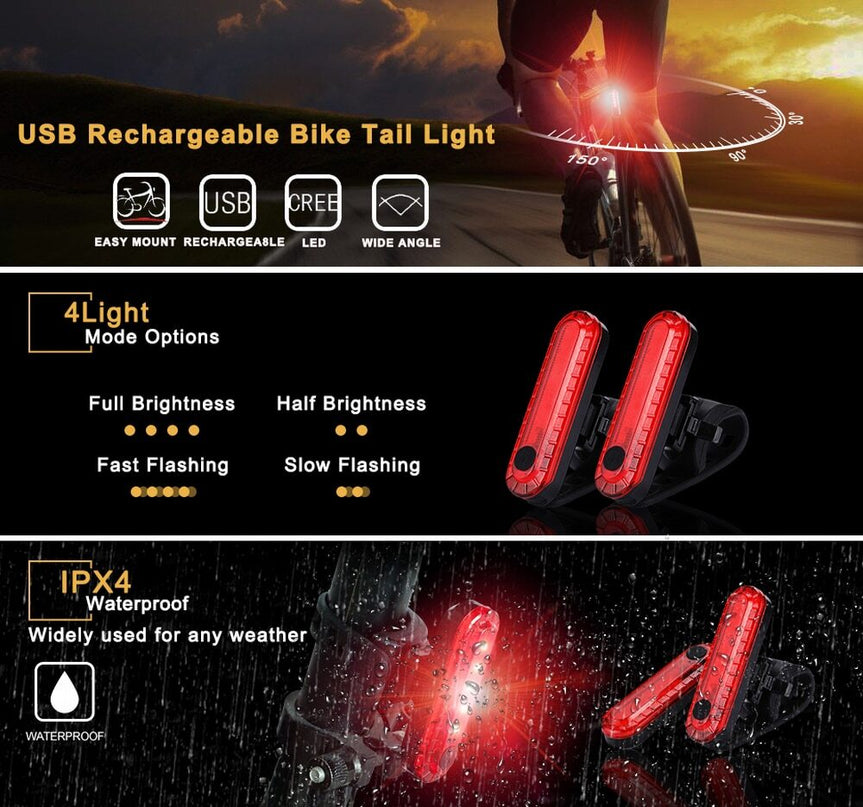 4Set LED USB Mountain Bike Lights Bicycle Torch Front+4X Rear Lamp Rechargeable