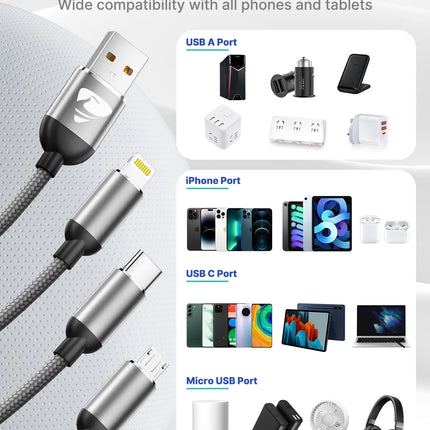 2 Pack Multi Charging Cable, 3 in 1 Phone Charger Cord Fast Charging with Micro USB, USB C Cables Compatible with Iphone/Ipad/Samsung, Gray