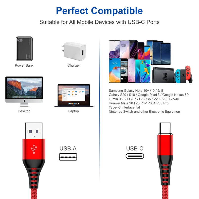USB Type-C Cable 3Pack 10Ft Fast Charging 3A Quick Charger Cord, Type C to a Cable Compatible Samsung Galaxy S10 S9 S8 Plus, for Note 10 9 8, LG V50 V40 G8 G7