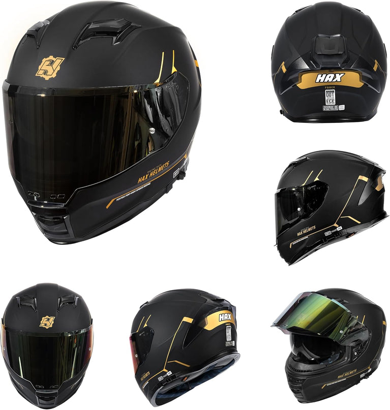 Force Aerodynamic Full Face Helmet for Street & E-Bikes DOT & ECE Certified - Enhanced Dual Visor, Adult Size, Pinlock Ready Matte Black Gold L