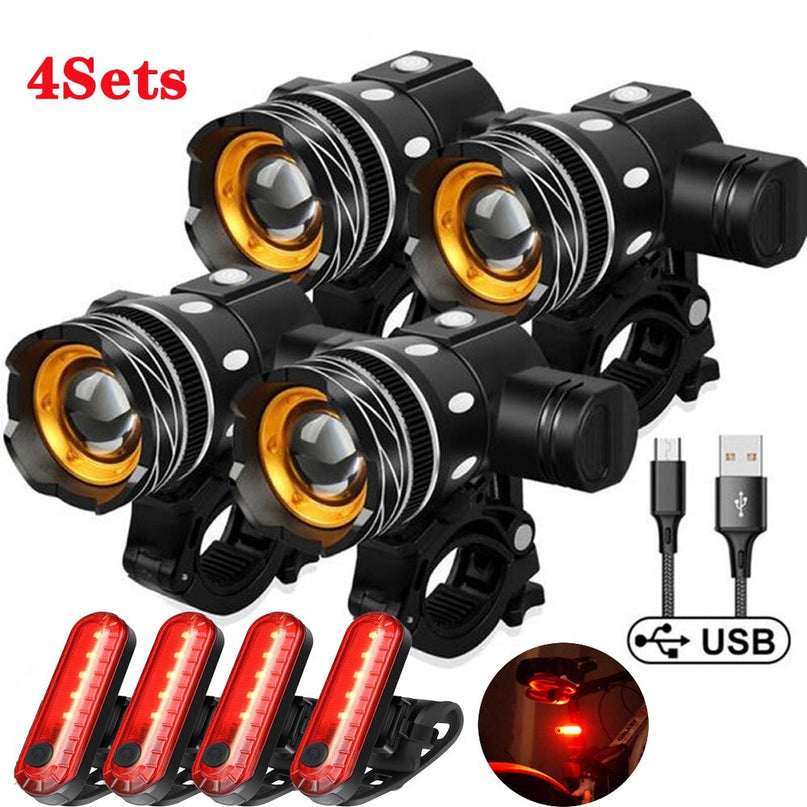 4Set LED USB Mountain Bike Lights Bicycle Torch Front+4X Rear Lamp Rechargeable
