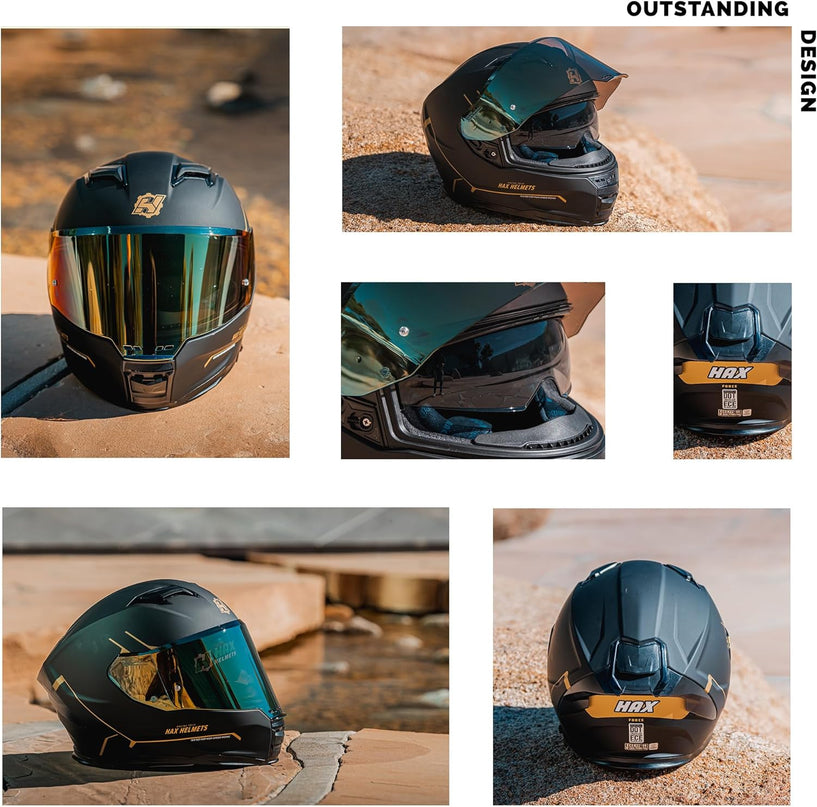 Force Aerodynamic Full Face Helmet for Street & E-Bikes DOT & ECE Certified - Enhanced Dual Visor, Adult Size, Pinlock Ready Matte Black Gold L