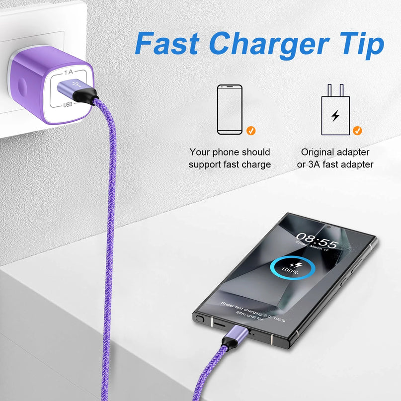 Type C Charger USB C Cable Fast Charging Cable 6FT with USB Wall Charger Block, USB a to USB C Type C Cable USB C Charger Block for Android Charging Cords USB-C Phone Cables, Purple