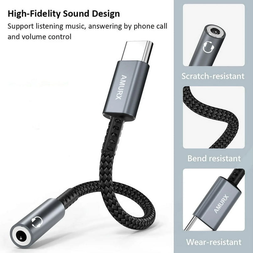 USB Type C to 3.5Mm Female Headset Adapter, USB C to Aux Audio Dongle Cord, Single Piece, Gray