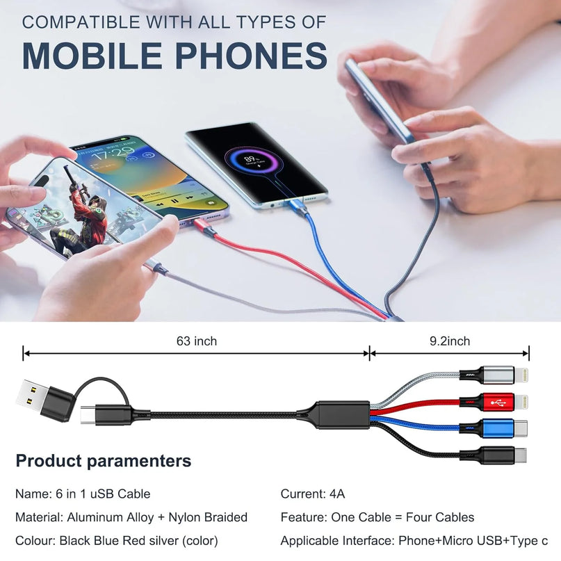 Multi Charging Cable 4-In-1 Multi Charger Cable [2Pack-4Ft] Nylon Braided Multiple USB Charging Cable Fast Phone