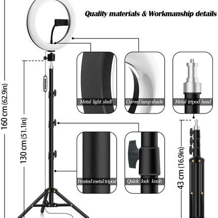 10" RGB Ring Light with 63" Tripod Stand and Cellphone Holder Dimmable